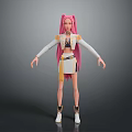 Woman With Pink Long Hair White Top Yellow Accents White Skirt And White Boots