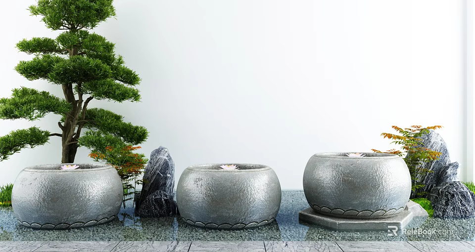 Garden Courtyard With Silver Round Textured Stone Basins Pine Tree And Rock 3d model 