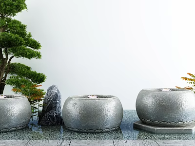 Garden Courtyard With Silver Round Textured Stone Basins Pine Tree And Rock 3d model