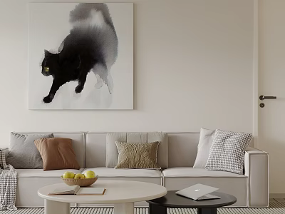 Modern Beige Sofa Coffee Table Set with Pillows Round Table Fruits Book Black Cat Painting 3d model