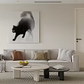 Modern Beige Sofa Coffee Table Set with Pillows Round Table Fruits Book Black Cat Painting