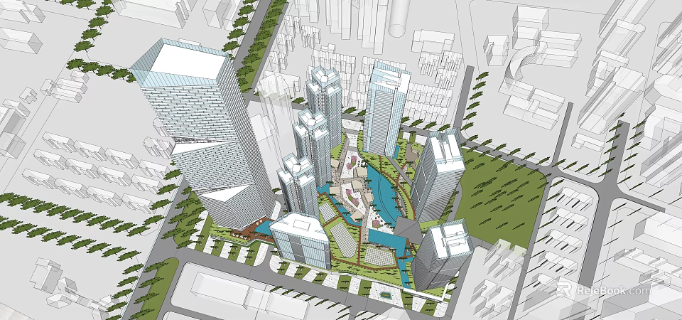 Modern High Rise Office Buildings With Green Spaces And Water Features In Urban Area 3d model 