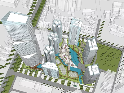 Modern High Rise Office Buildings With Green Spaces And Water Features In Urban Area 3d model