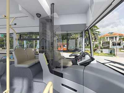 Modern Bus Interior With Driver Seat Passenger Seats And Protective Screen 3d model