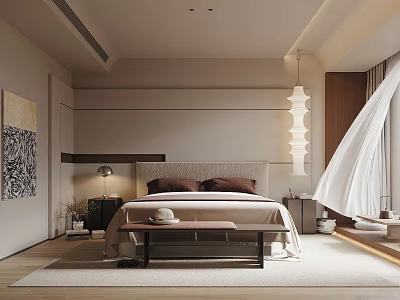 Modern Bedroom Interior With Neutral Tones Bed Headboard Bench Table Lamp And Artwork 3d model