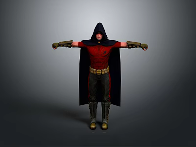Hooded Character in Red Top Black Cape with Golden Belt and Boots Standing Arms Outstretched 3d model