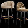 Elegant Bar Stools with Scalloped Curved Backrest Beige Upholstery Black Legs Gold Footrest