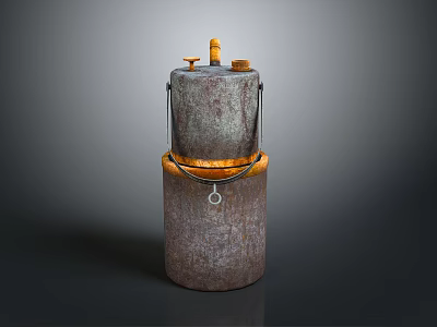 Rusted Industrial Metal Barrel With Top Valves Yellow Band And Hook 3d model