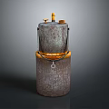 Rusted Industrial Metal Barrel With Top Valves Yellow Band And Hook