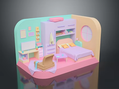 Warm Pastel Bedroom Landscape With 3D Modeled Furniture Bed Desk And Round Window 3d model