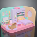 Warm Pastel Bedroom Landscape With 3D Modeled Furniture Bed Desk And Round Window