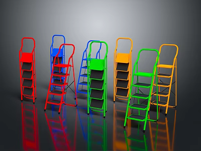 Colorful Metal Ladders In Various Colors Standing On Reflective Floor 3d model