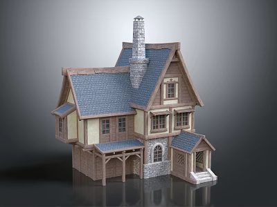 Cartoon Style House With Blue Roof Chimney Yellow Walls And Wooden Porch 3d model
