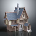 Cartoon Style House With Blue Roof Chimney Yellow Walls And Wooden Porch