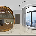 Public Office Area With Traditional Decorative Arched Structure Gold Red Decorations And Wooden Reception Desk