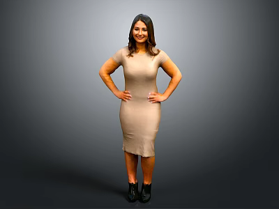 Woman in Beige Dress Standing with Hands on Hips Against Gray Background 3d model