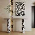 Modern Interior Console Table with Marble Columns Vase Greenery and Abstract Painting 3d model