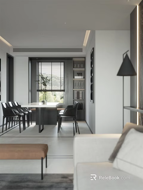 Modern Dining and Living Room Interior Design With Table Chairs Sofa Window and Floor Lamp 3d model 