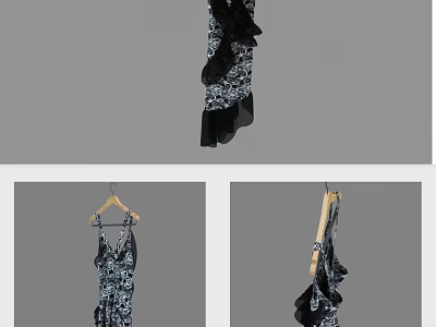 Black and White Patterned Sleeveless Dress with Ruffled Details and Layered Design 3d model