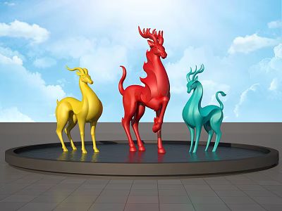 Colorful Deer Shaped Sculptures On Black Circular Platform With Blue Sky White Clouds 3d model