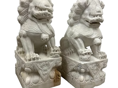Pair Of Traditional Stone Lion Sculptures With Intricate Carved Details And Ornate Base 3d model