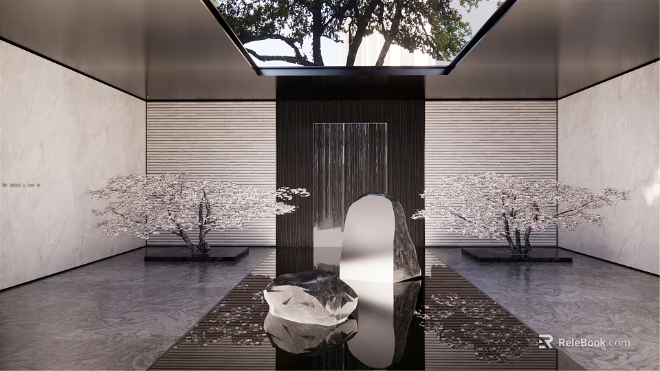 Modern Courtyard Garden With Skylight Waterfall Cherry Blossom Trees And Sculpture Reflections 3d model 