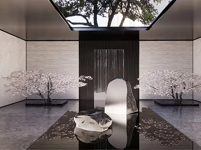 Modern Courtyard Garden With Skylight Waterfall Cherry Blossom Trees And Sculpture Reflections 3d model