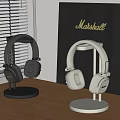 Marshall Audio Headphones In Dark And White On Stands With Modern Design