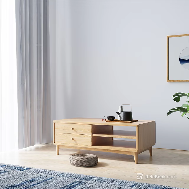 Modern Wooden Tea Table With Drawers Open Shelves Teapot Cups In Light Room With Curtains 3d model 