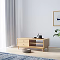 Modern Wooden Tea Table With Drawers Open Shelves Teapot Cups In Light Room With Curtains