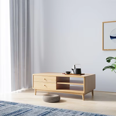 Modern Wooden Tea Table With Drawers Open Shelves Teapot Cups In Light Room With Curtains 3d model