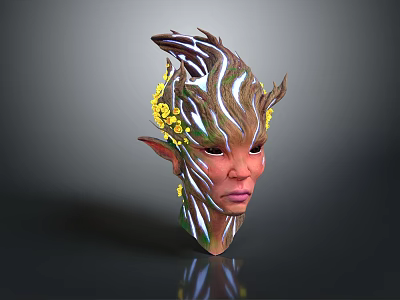 Game Fantasy Character Design With Elf Ears Green White Striped Skin And Yellow Flowers 3d model