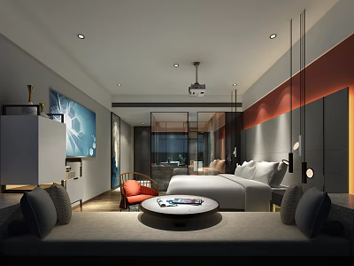 Modern Hotel Room Interior With Comfortable Bed Sofa Coffee Table And TV 3d model
