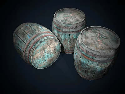 Decorative Ornament Set Three Vintage Distressed Wooden Barrels With Rustic Wood Grain 3d model