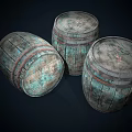Decorative Ornament Set Three Vintage Distressed Wooden Barrels With Rustic Wood Grain