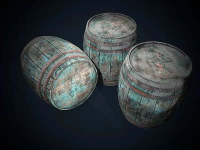 Decorative Ornament Set Three Vintage Distressed Wooden Barrels With Rustic Wood Grain 3d model