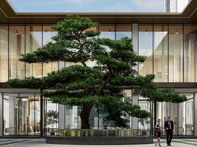Modern Building Entrance Featuring Large Green Pine Tree And Glass Facade 3d model