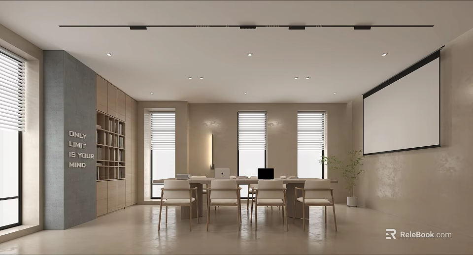 Minimalist Public Office Space With Long Table Chairs Bookshelf Windows And Projection Screen 3d model