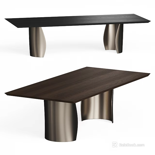 Modern Contemporary Dining Table With Dark Wooden Top And Metal Curved Legs 3d model 
