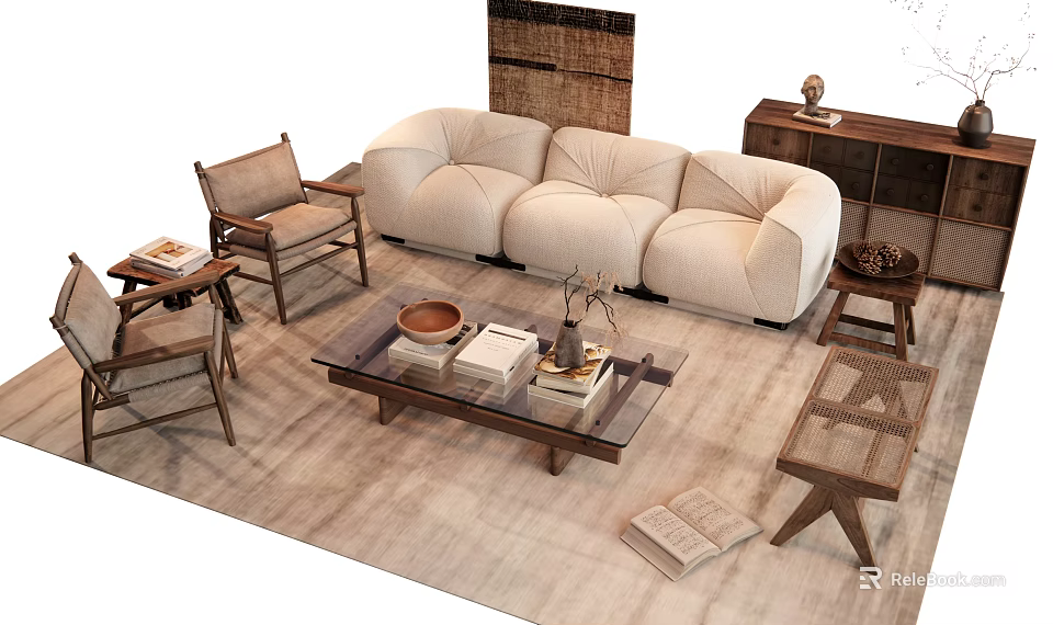 Plush Beige Sofa and Wooden Coffee Table Set with Rattan Chairs in Cozy Living Room 3d model 