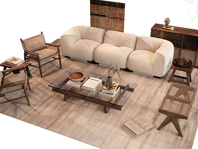 Plush Beige Sofa and Wooden Coffee Table Set with Rattan Chairs in Cozy Living Room 3d model