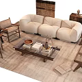 Plush Beige Sofa and Wooden Coffee Table Set with Rattan Chairs in Cozy Living Room