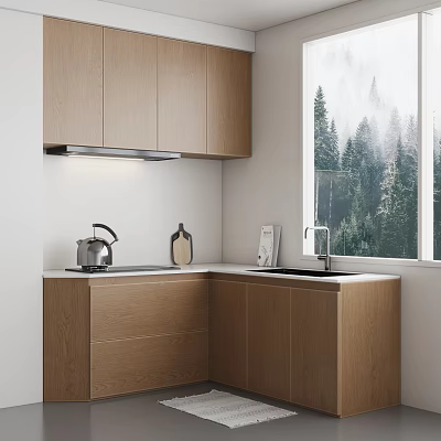 Modern Wooden Corner Kitchen Cabinets With Window Forest View Kettle Cutting Board And Faucet 3d model