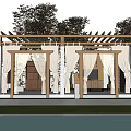 Wooden Pergola With White Curtains In Outdoor Space Surrounded By Trees And Water