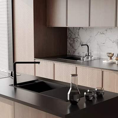 Modern Kitchen Sink Design With Black Countertop Marble Backsplash Faucet And Cabinets 3d model