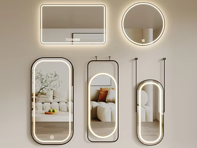 Modern Illuminated Mirrors in Rectangular Round Oval Shapes Reflecting Living Room Decor and Plants 3d model