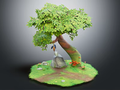 Cartoon Scene With Big Tree Green Leaves Rock Small Creature On Grass And Red Mushrooms 3d model