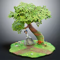 Cartoon Scene With Big Tree Green Leaves Rock Small Creature On Grass And Red Mushrooms