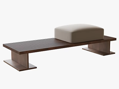 Modern Wooden Long Stool With Beige Upholstered Seat And Striped Top Design 3d model