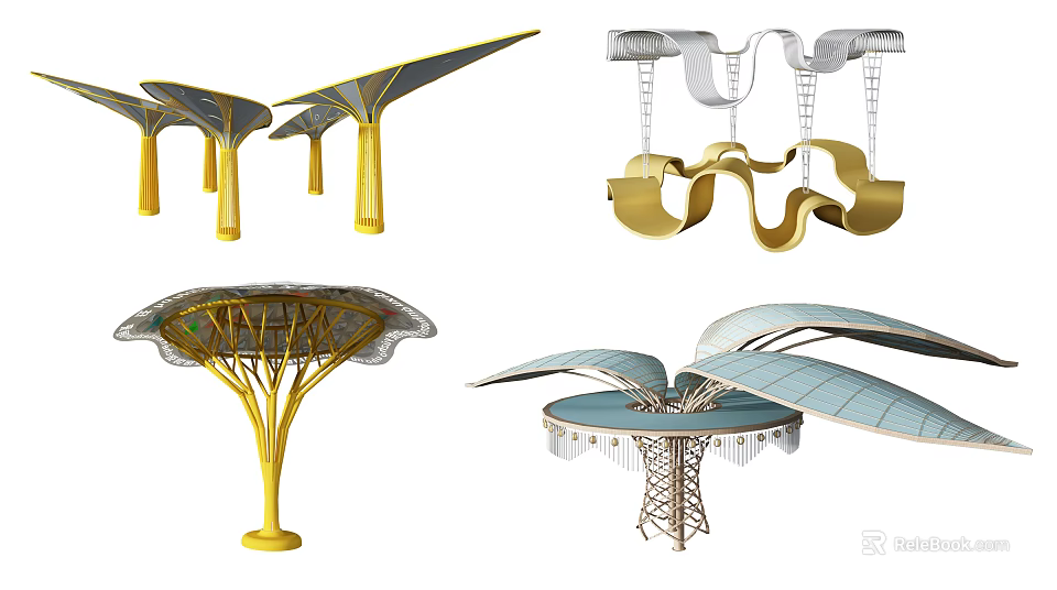 Various Modern Pergola Designs With Unique Canopy Shapes And Support Structures 3d model